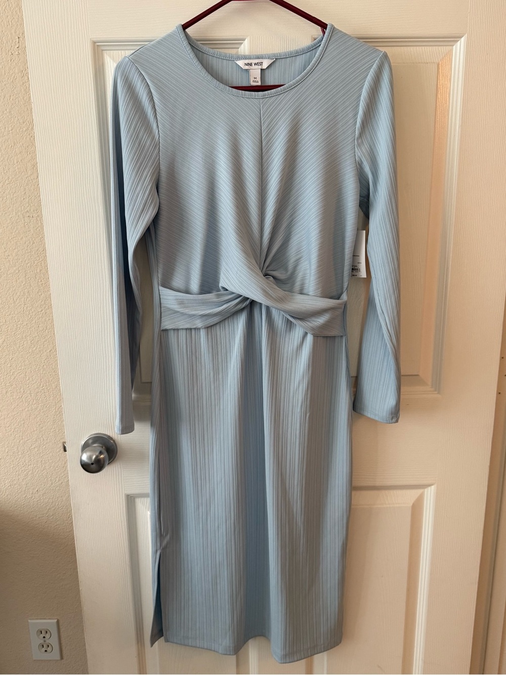 NWT Nine West Light Blue Ribbed Twist-Waist Long Sleeve Dress